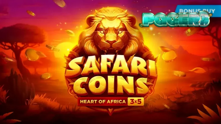 Tampilan visual slot Safari Coins dengan latar belakang savana Afrika yang emas dan simbol koin yang berkilauan.